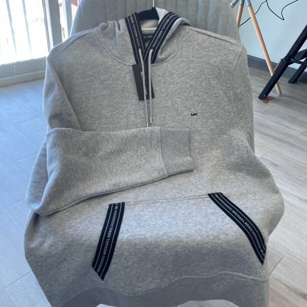 COPY - MICHAEL KORS MEN'S PULLOVER HOODIE LOGO TAPE KANGAROO FRONT POCKETS GREY